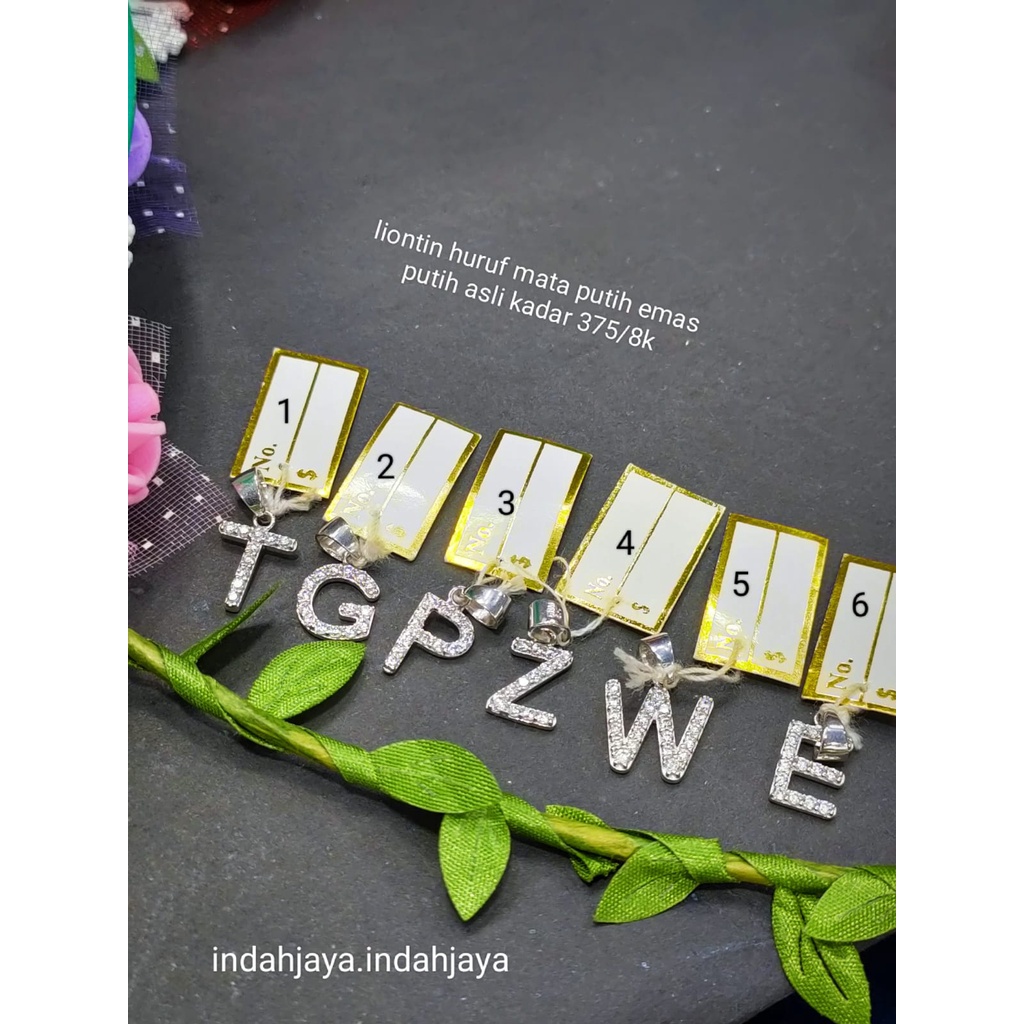 liontin huruf mata putih emas putih asli kadar 375 /8k