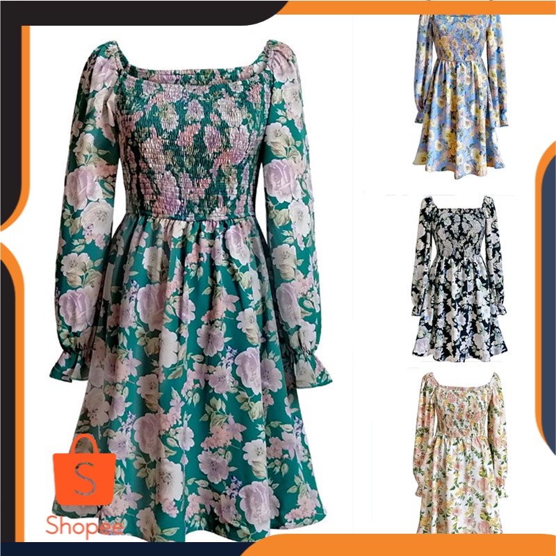 Dress    Fashion Floral Cetak Bahasa Perancis Kerah Gaun 2022      Rok  Wanita