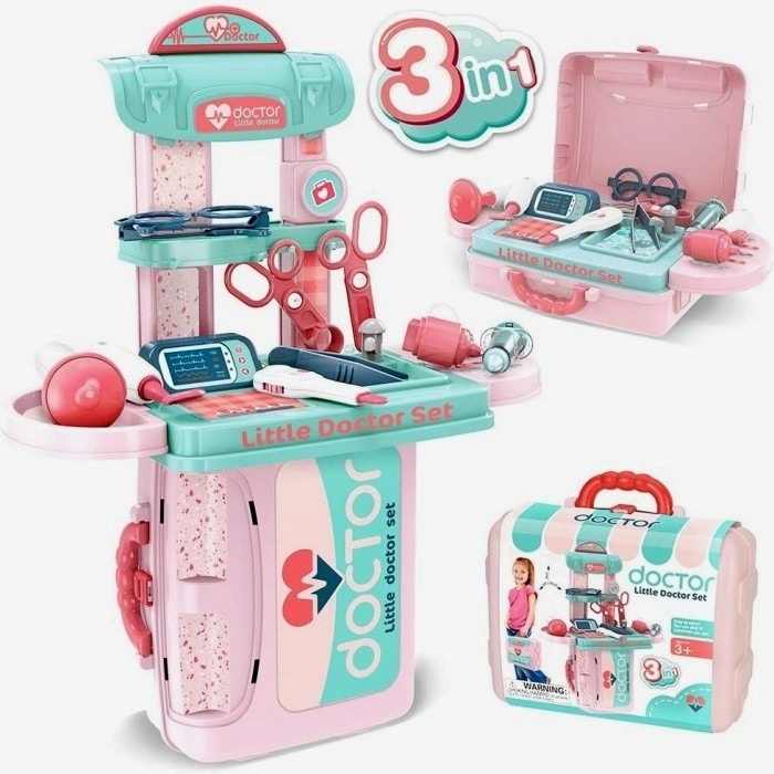 Kado Hadiah Mainan Anak Perempuan Dokter Dokteran Set 3In1 Dokter Playset 008-975 / Mainan Peralatan Dokter Set Koper Tas Pretend Play Set Family Game