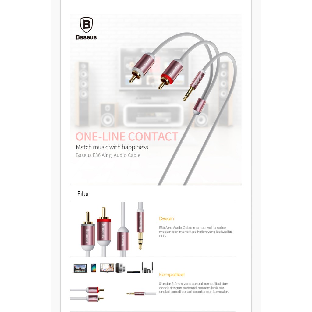 KABEL AUDIO RCA MERAH PUTIH BASEUS SPEAKER TV AUX 2 CABANG E36 CABLE Murah