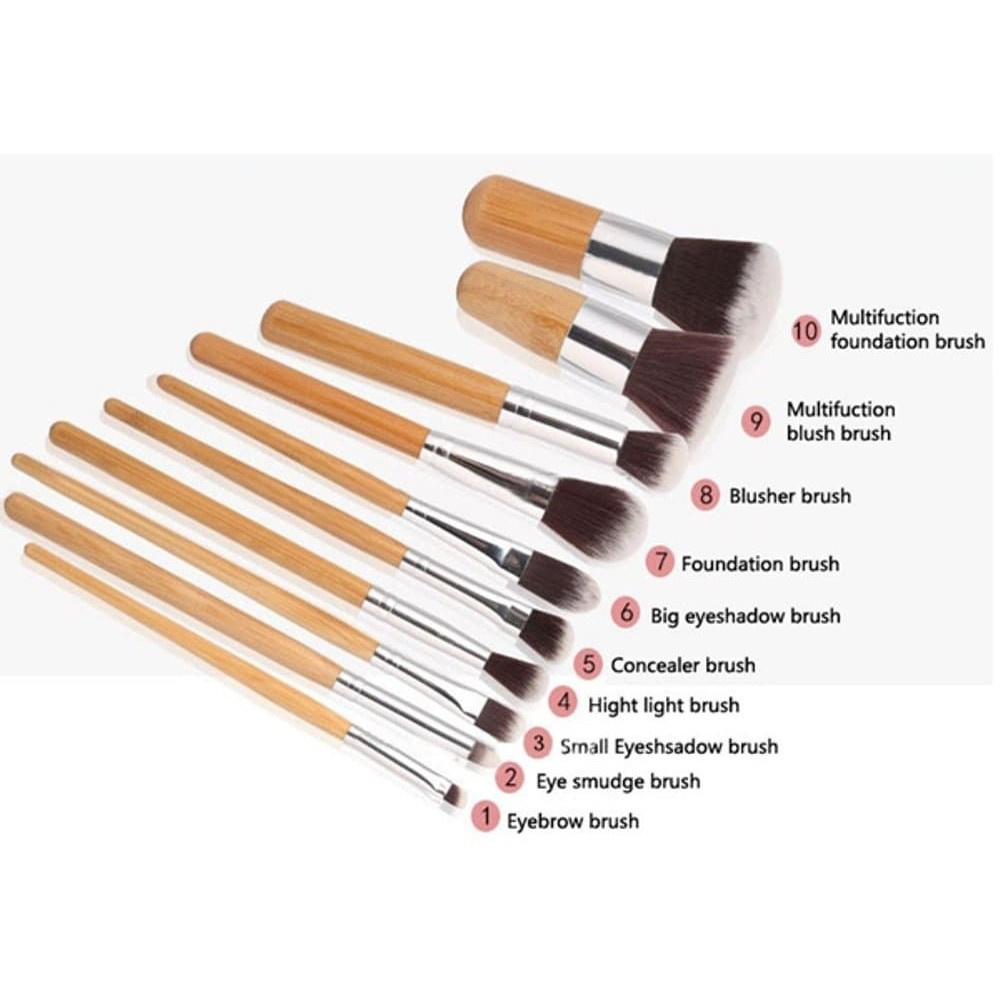 [ORI] 11Pcs KUAS MAKE UP KABUKI Bahan Kayu Bulu Super Lembut dan Kuat + Pouch | Kabuki Wooden Brush