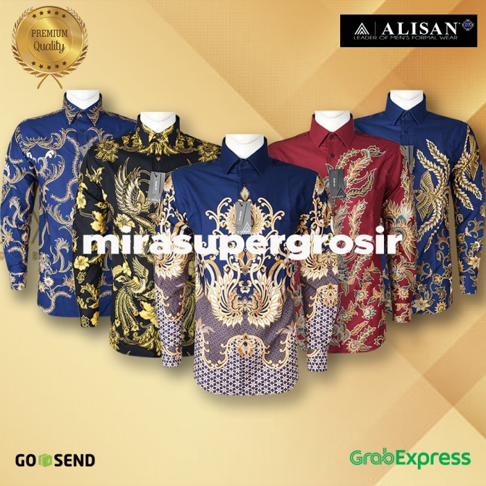 TERMURAH- Kemeja Alisan, Kemeja Batik Printing Alisan Slimfit Lengan Panjang - NAVY-251, 15,5=(L)