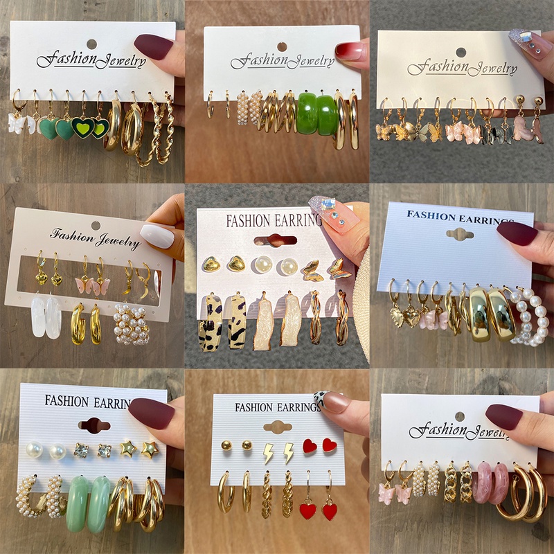 YEEZII 9 Pcs / Set Anting Stud Hias Liontin Kupu-Kupu Ular Mutiara Bahan Resin Gaya Retro Untuk Wanita