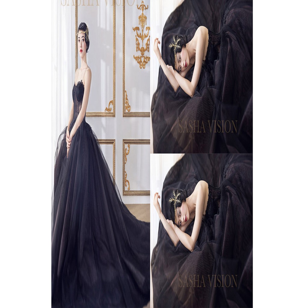 Black Off Shoulder Long Tail Lace Wedding Bridal Gown Dress Party Evening Dress
