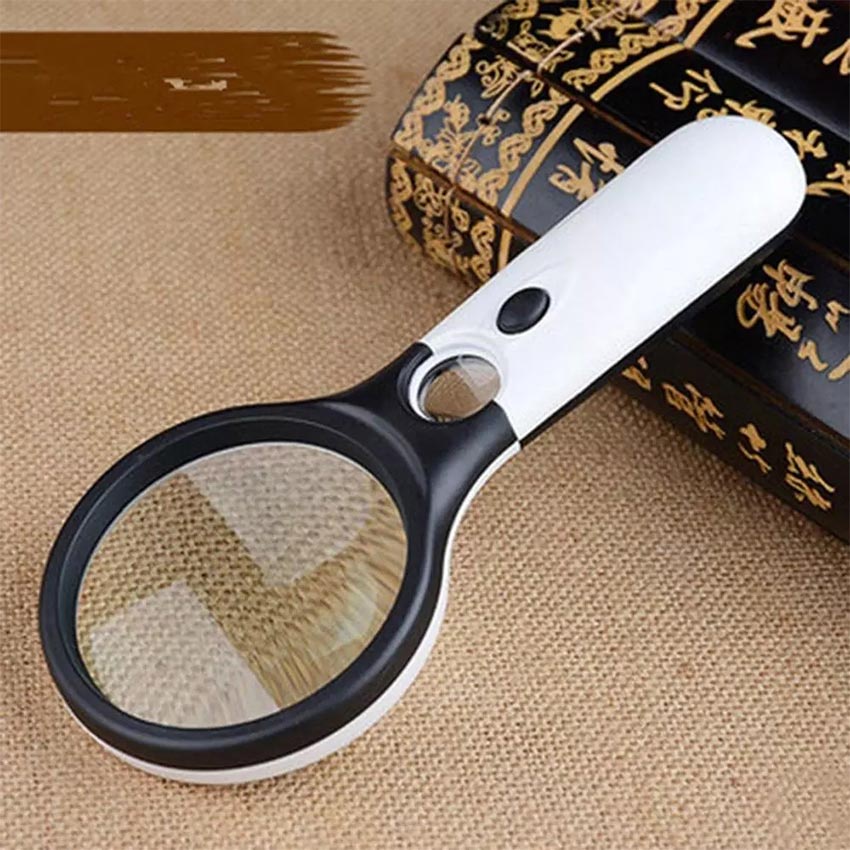 2in1 Kaca Pembesar Dengan Lampu 3 LED Magnifier Gelas Loop Magnifying Lup Zoom mata uang jewelry Baca 3X 45X 75mm 22mm