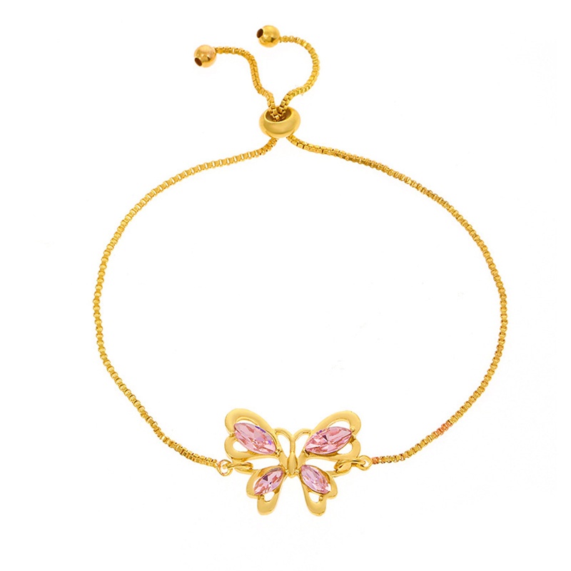 Gelang Desain Kupu-Kupu Hollow Hias Kristal Warna Pink Untuk Wanita