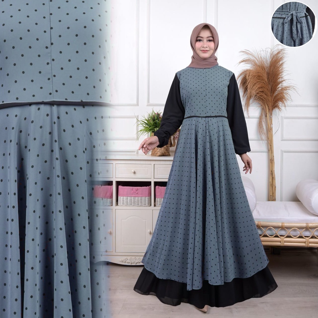 rihana maxi ceruty bebydoll susun / gamis syari polka susun /gamis ceruty terbaru