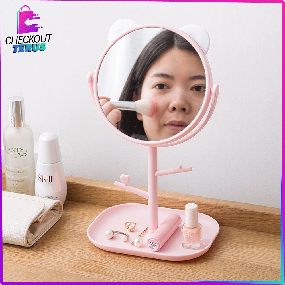 CT K91 Kaca Meja Rias Bulat Lucu Serbaguna Motif Telinga Panda Cermin Standing Mirror Makeup Desktop Rotating