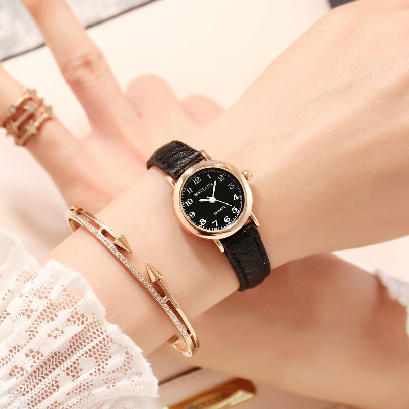 Watchyou Jam Tangan Wanita INS Fashion Kulit Retro Round Small Women Watches Analog-1-hitam & hitam