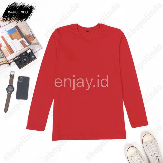 enjay.id - PREMIUM Kaos warna Merah oblong ANTI BAKTERI Leher V neck lengan panjang Original