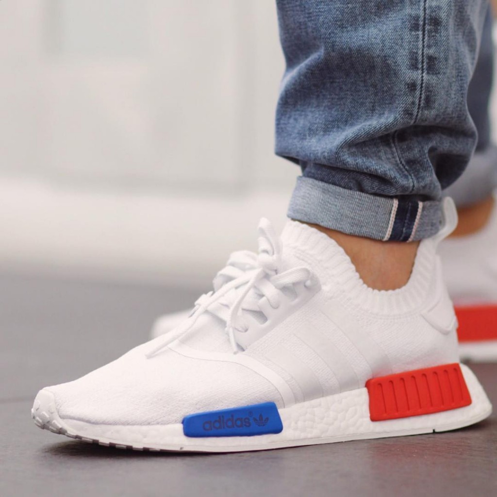 SEPATU ADIDAS NMD R1 PUTIH WHITE BLUE BIRU MERAH VINTAGE RED PREMIUM ORIGINAL VIETNAM LARI RUNNING