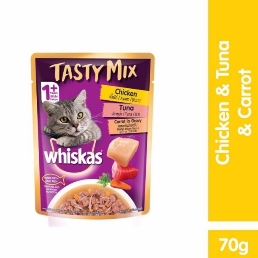 (4 POUCH) WHISKAS TASTY MIX CHICKEN &amp; TUNA &amp; CAROT 70 GR TASTY MIX