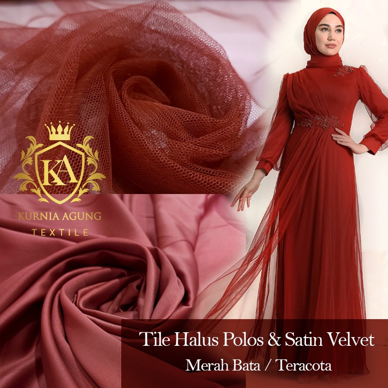 Kain Warna MERAH BATA Teracota Soft Tulle Satin Velvet Bahan Gaun Bahan Bridesmaid Furing Kebaya Meter dan 0.5 Meter