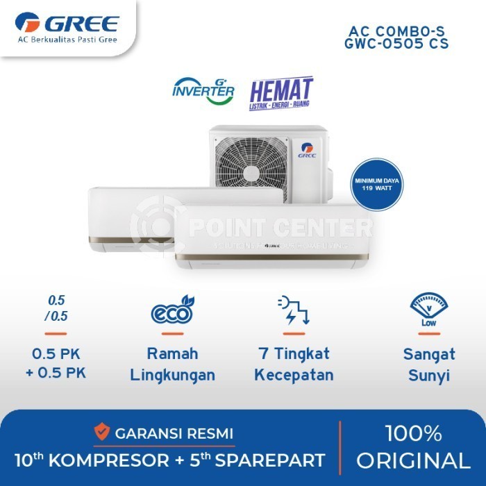 TERMURAH AC GREE COMBO SPLIT INVERTER (2 INDOOR 1/2PK+1/2PK 1 OUTDOOR) GWC-0505CSS