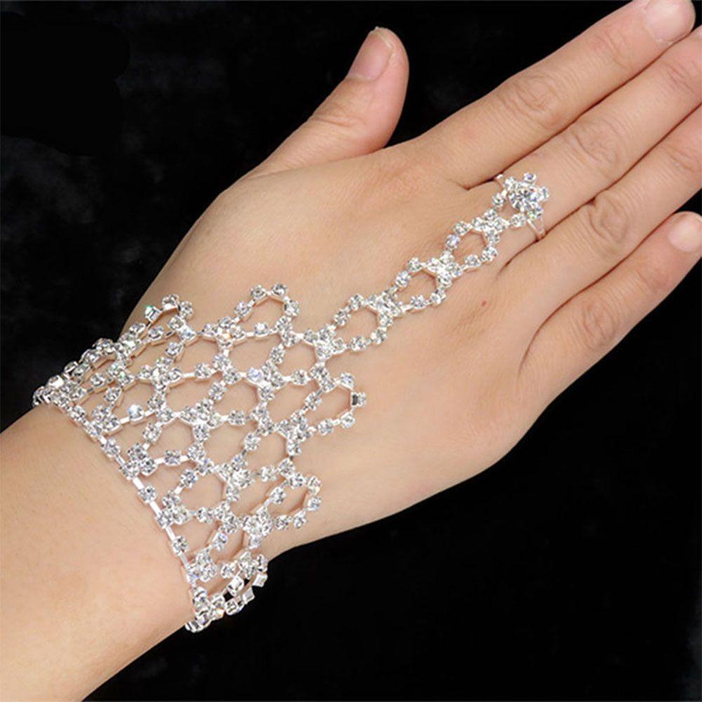 Needway Rantai Link Gelang Malam Klasik Hand Harness Dance Perhiasan Cincin Jari Terhubung Kristal