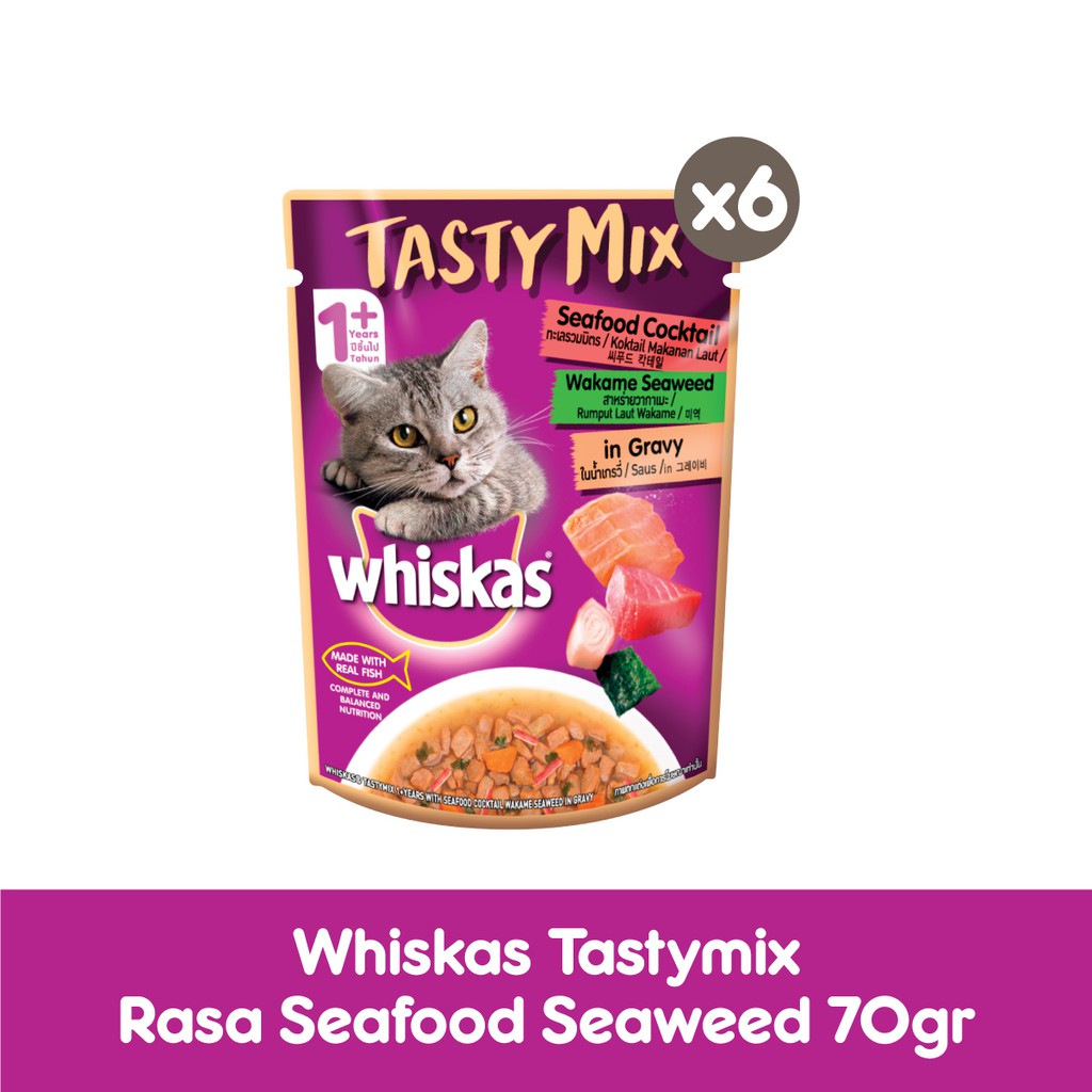 WHISKAS® Tasty Mix Makanan Kucing Basah Pouch 70gr - Isi 6-Seafood Seaweed