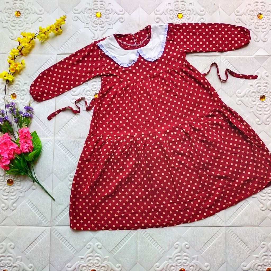 Nadia Polka Gamis Susun Anak Perempuan 5-6 th Dress Anak Fashion Muslim Polkadot Lengan Balon Renda Jumbo Polos