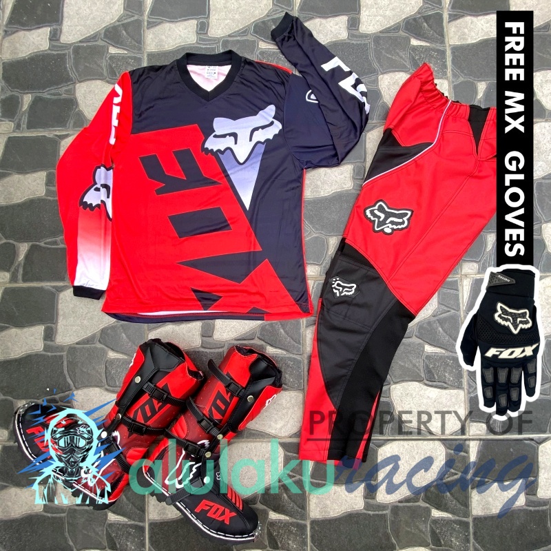 Jersey, Celana, Sarung Tangan &amp; Sepatu Fullprint with Protectors Fullset MX Trail Motocross - Paket Bundling FOCTFG130303-F41