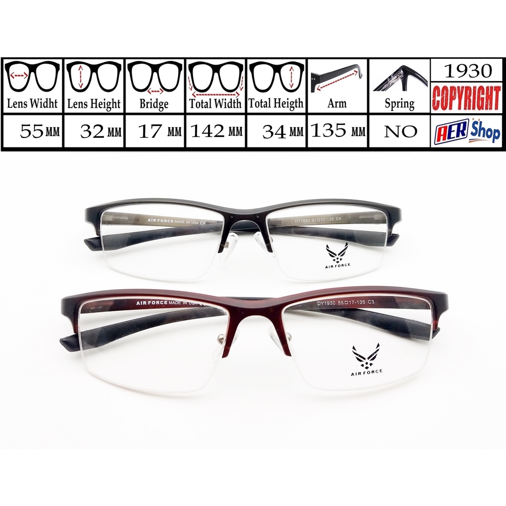 1930. Frame kacamata minus sport original AIR FORCE half frame kacamata new