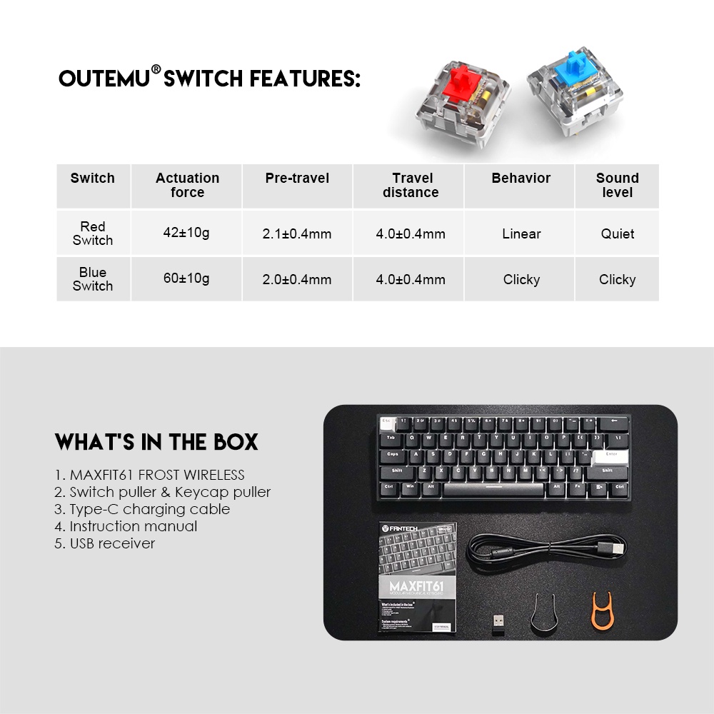 Fantech MK857 Maxfit61 Frost Wireless 60% Mechanical Gaming Keyboard