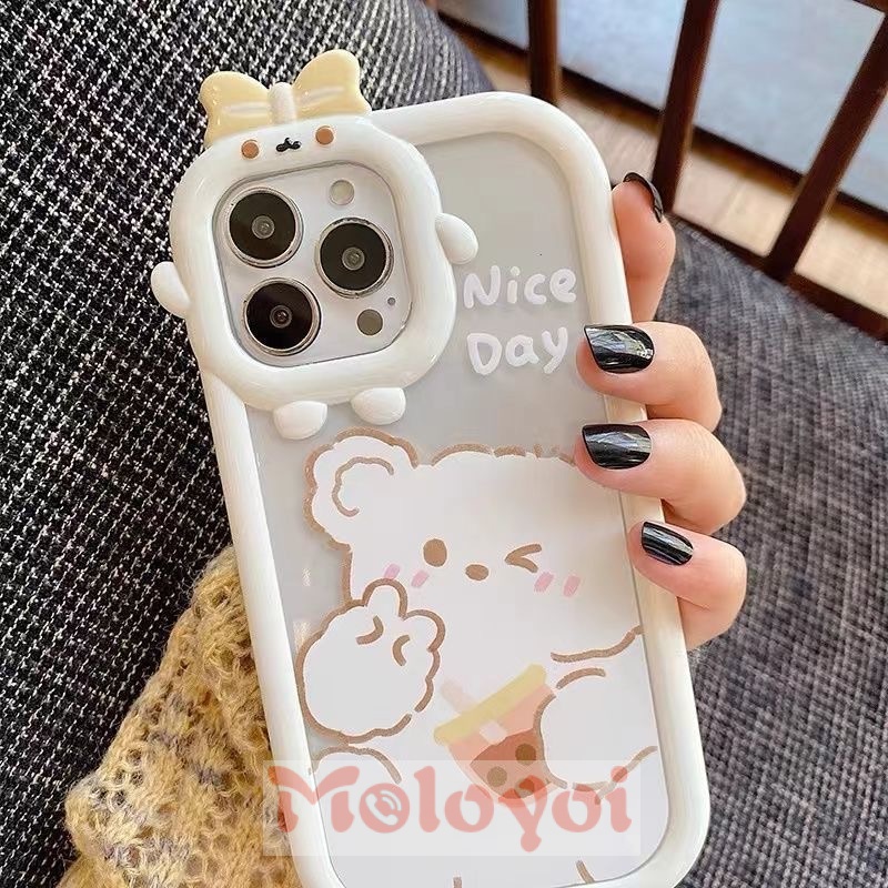 Soft Case TPU Motif Kartun Beruang Putih 3D Untuk iPhone 7 8 14 Plus 6 6S XR 14 11 13 12 Pro Max X XS Max SE 2020 14Pro Max