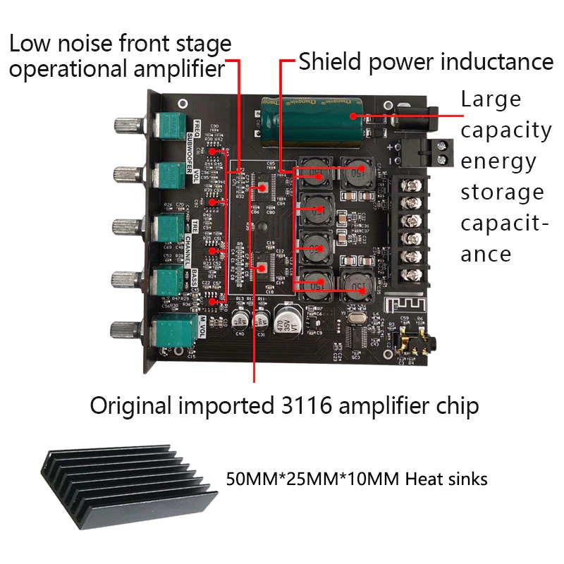 Bluetooth Audio Receiver 5.0 Digital Amplifier Board 50W x 2 + 100W TPA3116D2 - ZK-TB21 - Black