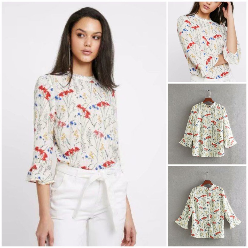 A985051 BAJU BLOUSE FORMAL SOFT HEMP MOTIF BUNGA CANTIK SIMPLE HALUS FASHION WANITA KOREA IMPORT
