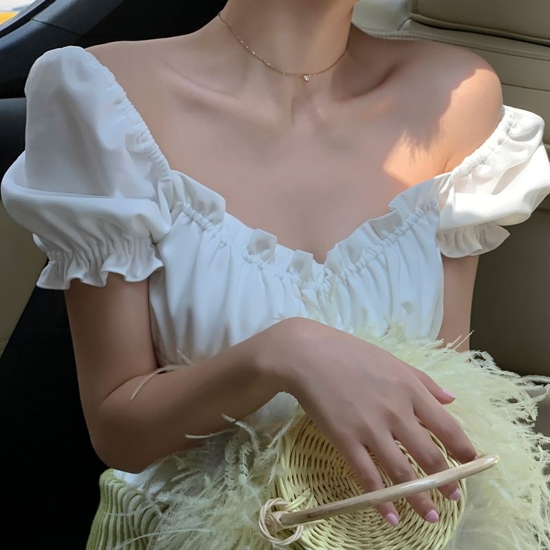 Pro 2022 Musim Panas Baru Putih Kerah Persegi Lipit Kemeja Lengan Pendek Wanita Temperamen Slim Puff