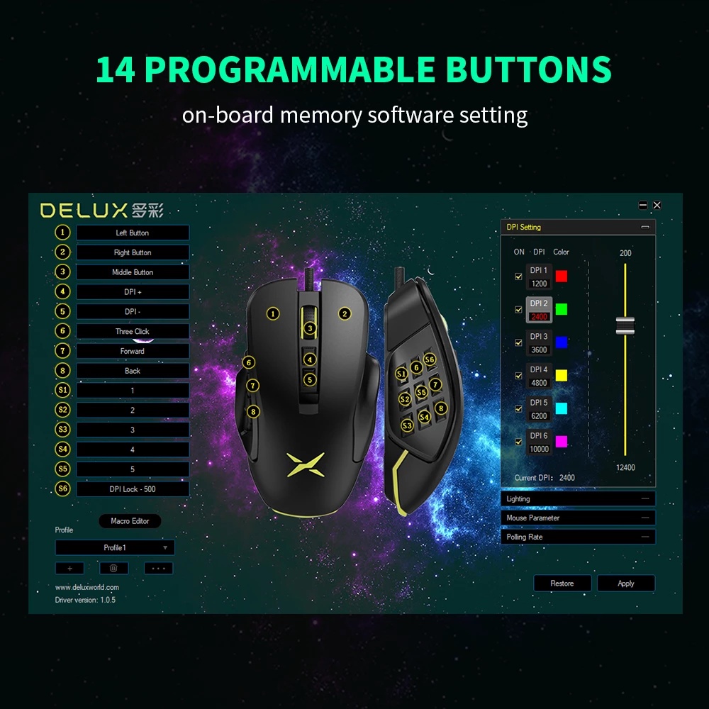 Delux M631 MMO / MOBA Gaming Mouse RGB PAW3327 Sensor