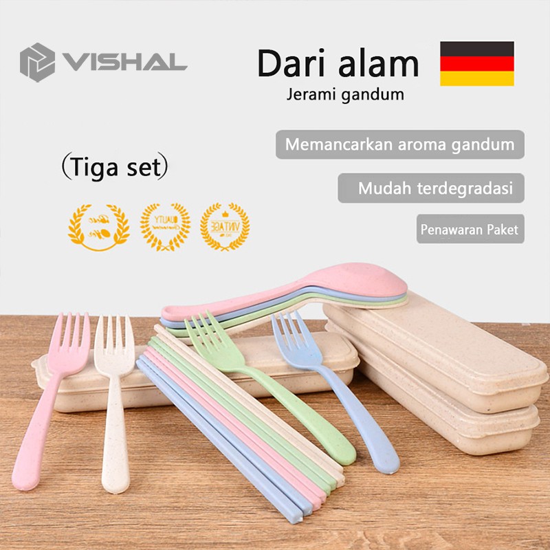 VISHAL 4 pcs Wheat straw Travel Cutlery Set Portabel Alat Makan Sendok Garpu Sumpit Chopsticks VS-23