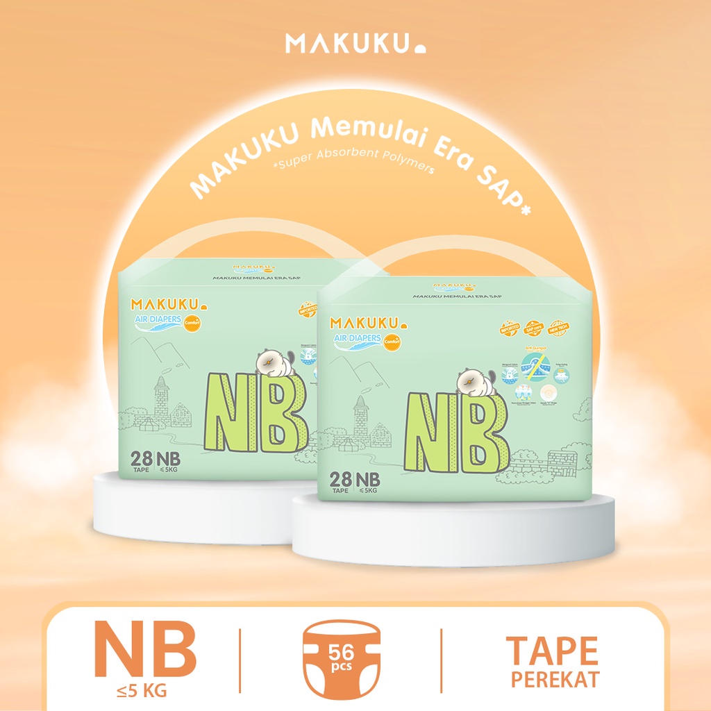 MAKUKU Air Diapers Comfort+ Tape S36 /NB 28/ Popok bayi Tipis SAP anti gumpal cepat kering sekali pakai tipe perekat / Nyaman dan lembut