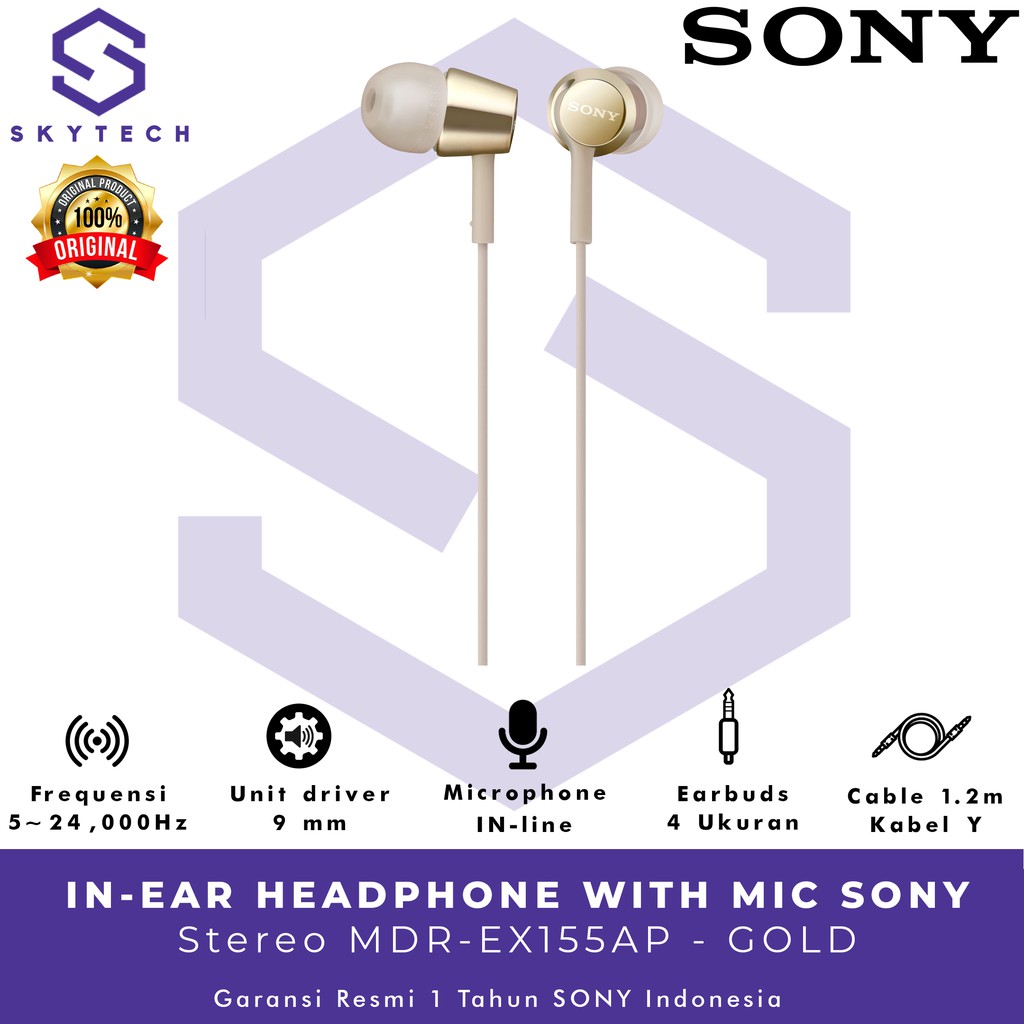 EARPHONE SONY MDR EX155AP GOLD ORIGINAL GARANSI RESMI