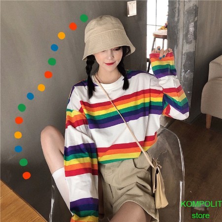 Rainbow Stripe kaos Longgar Lengan Panjang kaos Wanita dicetak korea kaos