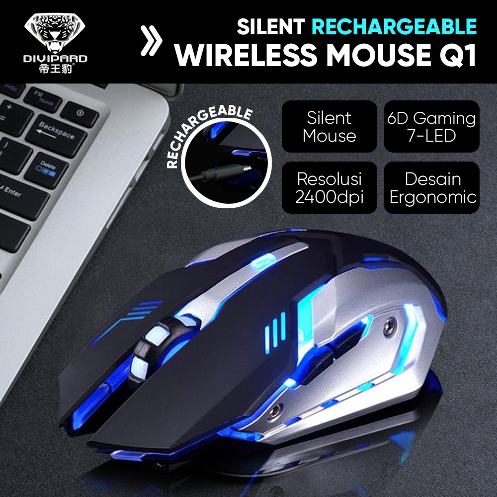 Mouse Gaming Wireless Charging Silent Divipard Q1 7 Color RGB