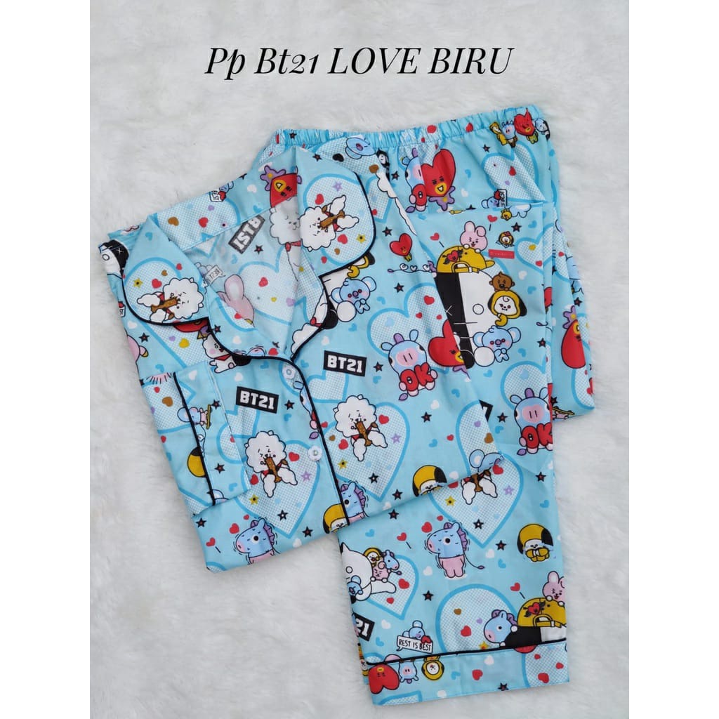 BAJU TIDUR WANITA LENGAN PANJANG / SETELAN PIYAMA WANITA KATUN MOTIF PP-BT21 LOVE BIRU