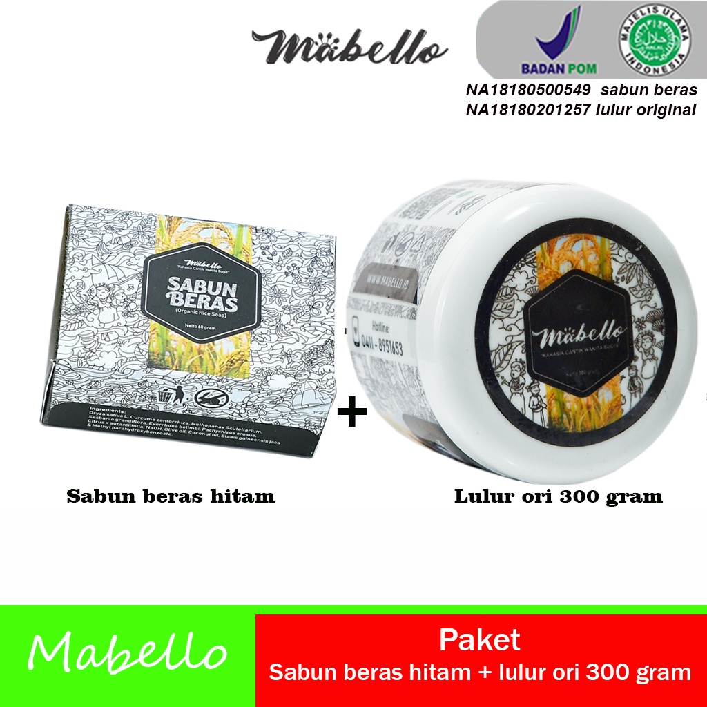 Paket mabello bedda lotong lulur hitam original 300 gram dan sabun beras hitam mabelo beda lotong