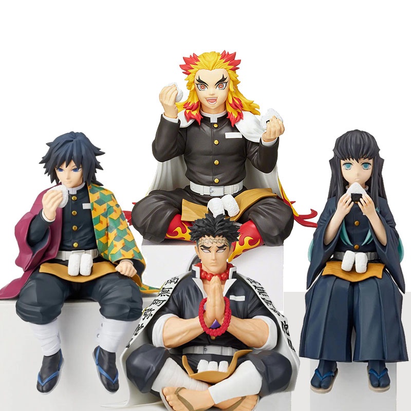 Action Figure Anime Demon Slayer Duduk Tanjirou Nezuko Zenitsu Inosuke Shinobu Giyuu Eat Rice Ball Kanroji Mitsuri Bahan PVC Untuk Hadiah Anak