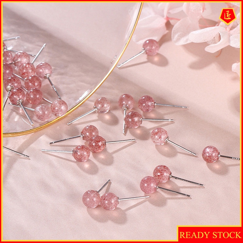 [Ready Stock]S925 Silver Strawberry Quartz Ear Studs Women's Elegant Sweet