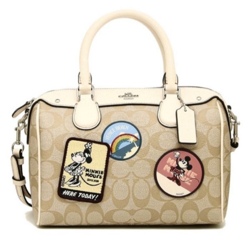 Coach Mini Bennett Satchel Signature Canvas With Minnie Mouse Patches Light Khaki Chalk(F29357)