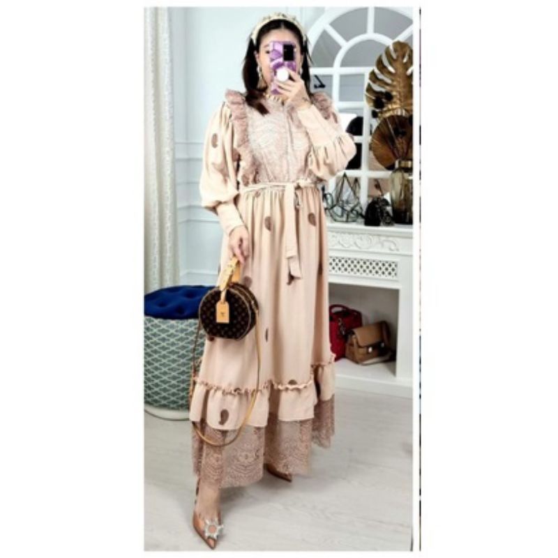 gamis Mei jiwang serat kayu pompom / meiji serat kayu / gamis Mei jiwang 2022 / Mei jiwang terbaru 2