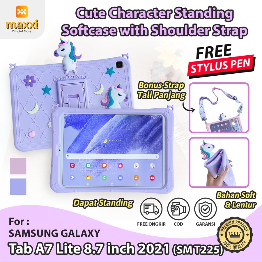 Samsung Tab A7 Lite 8.7 2021 T225 Soft Case Cute Tali Kid Unicorn Lucu Casing Cover Tablet Kids Cute Anak Pelindung Karakter