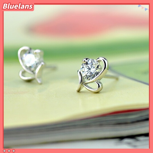 Anting Stud 925 Sterling Silver Bentuk Hati Bulat Aksen Zircon Untuk Wanita