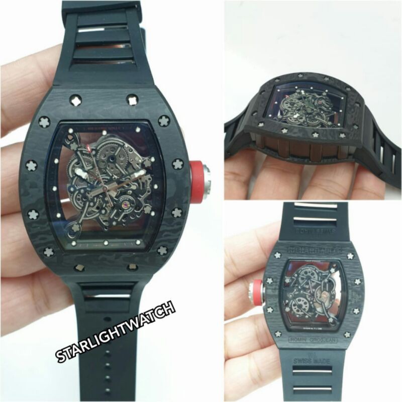 JAM TANGAN PRIA RM AUTOMATIC MESIN SWISS KARET BODY CARBON FULL HITAM