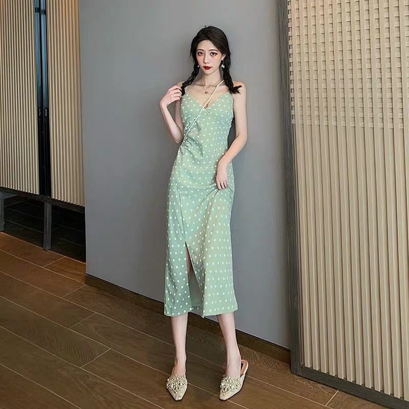 Korean Vneck Polkadot Long Dress Wanita Motif Polkadot 1050 (XS-XL)