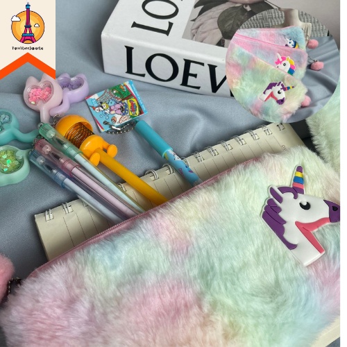 

Kotak Pensil Bulu Logo Unicorn Pastel Pencil Case Pastel Fur Warna Rainbow Bulu Halus Pom-Pom Lucu Kekinian Perlengkapan Sekolah