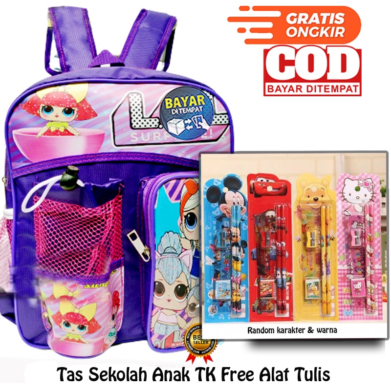 {paket} Tas Sekolah Anak Play Group-TK Free Botol Minum &amp; Set Alat tulis Tas Anak TK Tas Anak Peremp