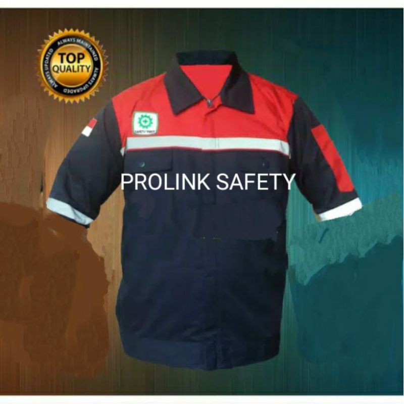 SERAGAM SAFETY RESLETING LENGAN PENDEK DONGKER MERAH FREE LOGO K3 BENDERA