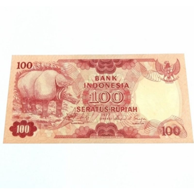 Uang Kertas Kuno Badak 100 Rupiah 1977 UNC