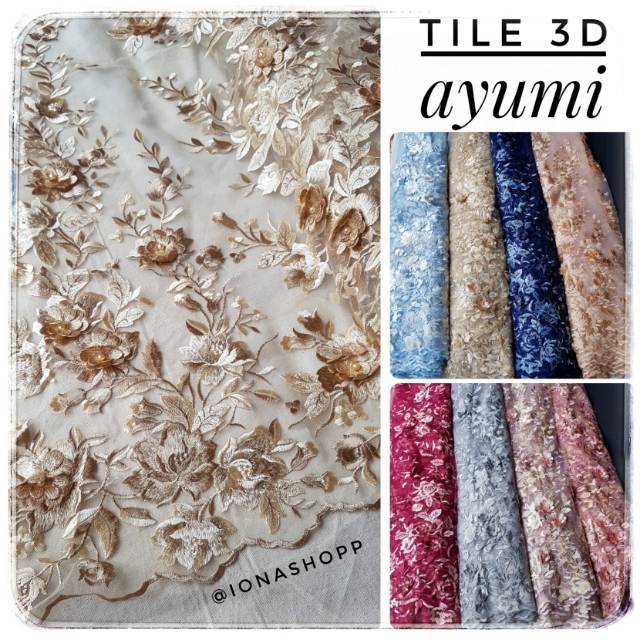 Kain tile bordir 3 dimensi bunga rambat AYUMI / kain tile 3D / brokat