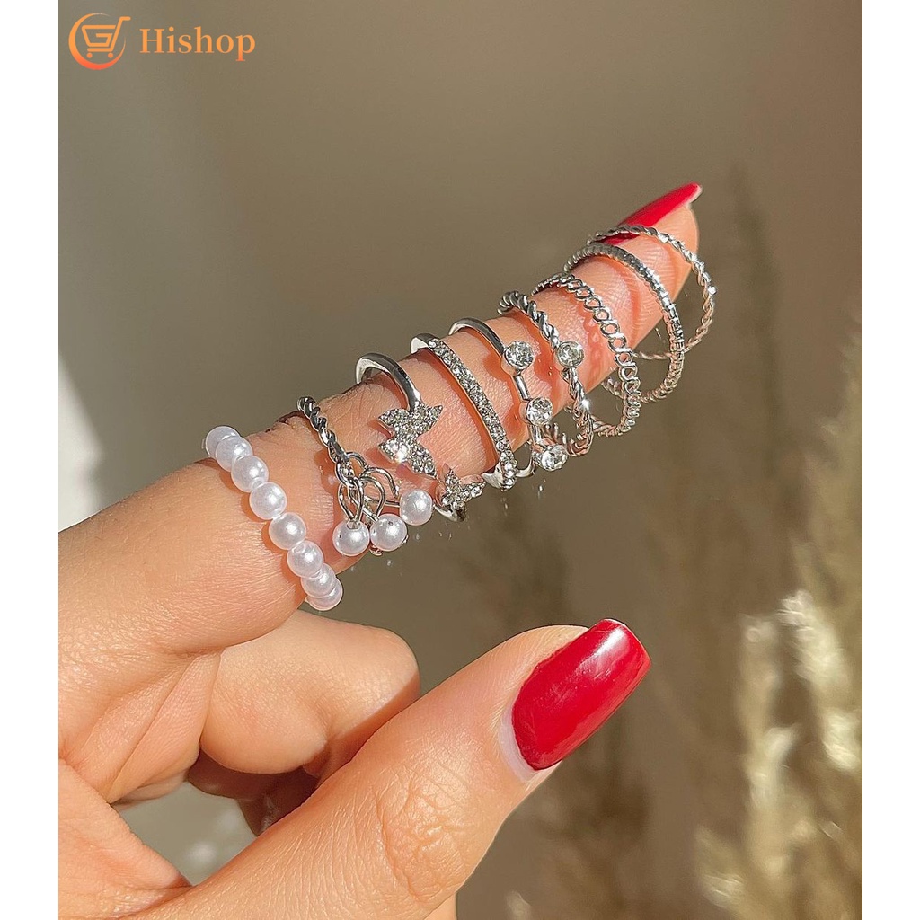 9pcs / Set Cincin Model Terbuka Desain Kupu-Kupu Hias Mutiara Kristal Adjustable Untuk Wanita